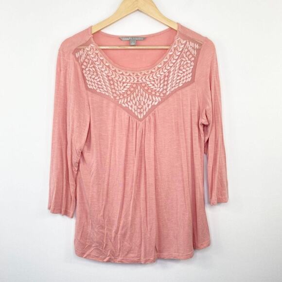 Valerie Stevens Pink Embroidered Sheer Short Sleeve Top Women's Size Medium M - Picture 1 of 7